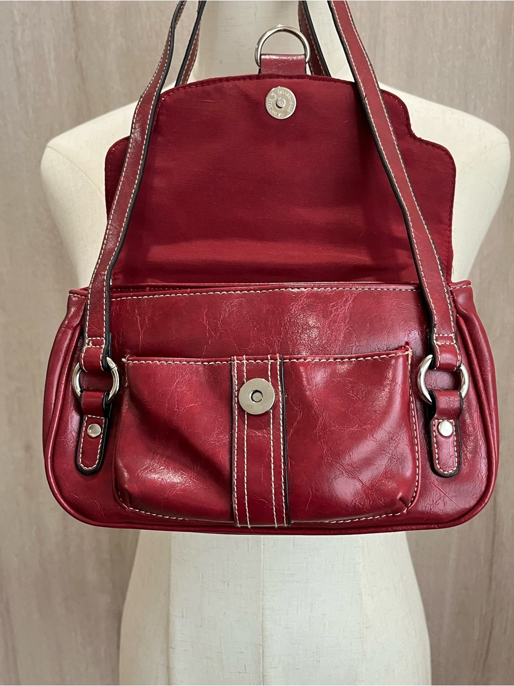 Y2K Red Shoulder Bag Coach Inspired Contrast Stitch Flap Pocket Purse - Picture 6 of 10
